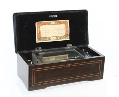 A LATE VICTORIAN SMALL CYLINDER MUSICAL BOX playing four airs (listed on a card inside hinged cover) in a simulated rosewood 