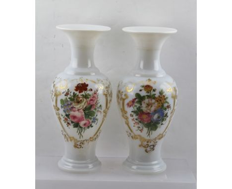 A PAIR OF VICTORIAN BLOWN OPAL GLASS VASES of baluster form, each hand painted with flowers within gilded cartouche, possibly
