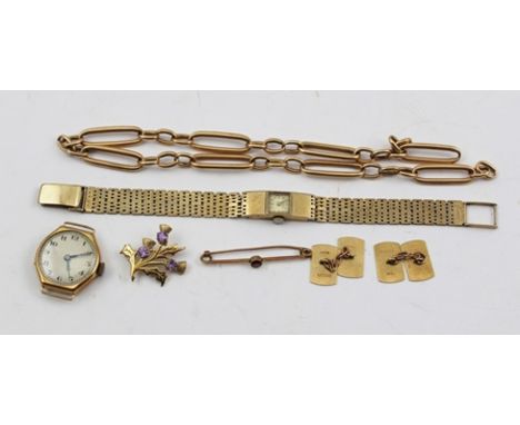 A 9CT GOLD LADY'S WRIST WATCH, a 9ct gold cased WATCH, a pair of 9ct gold CUFFLINKS, a 9ct gold TIE PIN, a 9ct gold thistle d