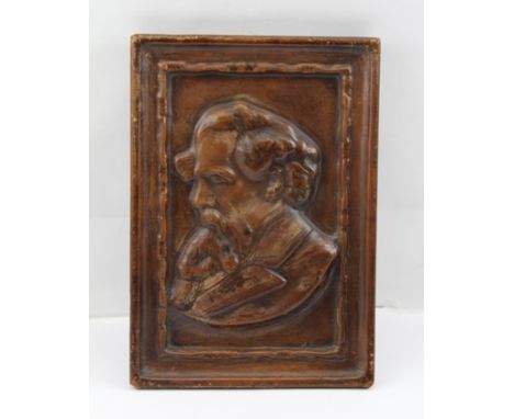 H.E. JACKMAN MC A 20TH CENTURY EMBOSSED LEATHER PANEL PORTRAIT OF CHARLES DICKENS, signed and dated 1936, inscription verso "