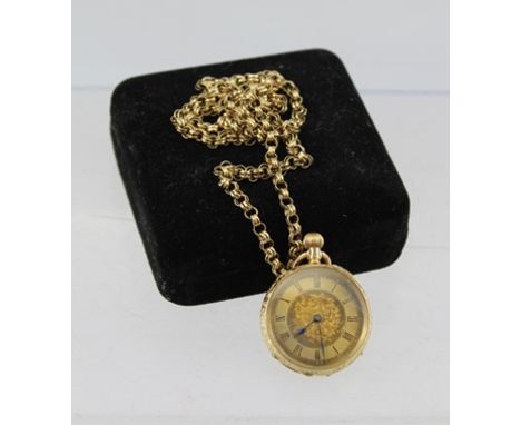 A CONTINENTAL 14K CASED LADY'S FOB WATCH, decoratively chased, having gilded dial with Roman numerals, on a 9ct. gold CHAIN, 