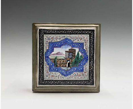 A Persian silver and painted enamel cigar box, early 20th century, height 3cm, width 14.5cm, depth 14.5cm, weight 626.9 grams