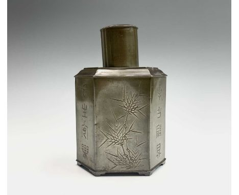 A Chinese pewter tea caddy, by 'E Wo Loong Kee, Swatow', seal marks to base, decorated with foliage and character marks, heig