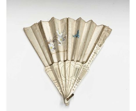 A Chinese painted silk fan and ivory fan, early 20th century, length 27cm, extended width 48cm.