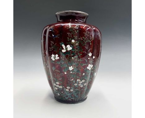 A large Japanese ginbari vase, Hiyashi Kodenji, (1831-1915), Meiji Period, the fluted tapering body painted with birds in fli