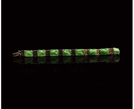 A Chinese jade and 9ct gold linked bracelet, the eight rectangular panels carved with animals and fish, length 18.5cm, weight