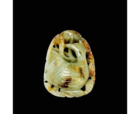 A Chinese carved &amp; reticulated celadon jade ornament, depicting a bird &amp; lingzhi, with russet inclusions, Qing dynast