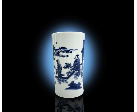 A Chinese blue and white porcelain transitional brush pot, of slender cylindrical form, decorated on the exterior with a scen