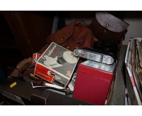 A BOX OF VINTAGE CAMERAS AND ACCESSORIES