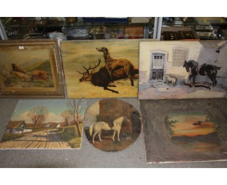 A COLLECTION OF ASSORTED VINTAGE PICTURES AND PRINTS TO INCLUDE AN OVAL OIL ON BOARD OF A HORSE AND DOG, OIL OF A STAG AND HO