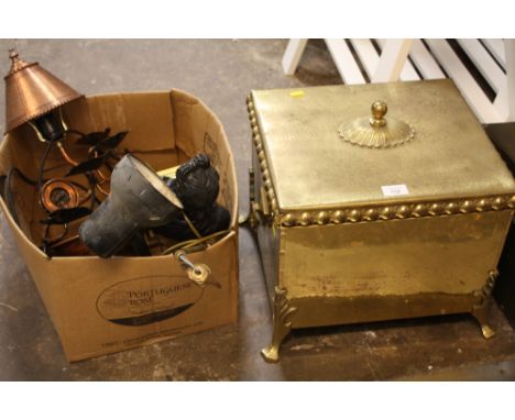A VINTAGE BRASS COATED LIDDED COAL BOX TOGETHER WITH A BOX OF LAMPS ETC