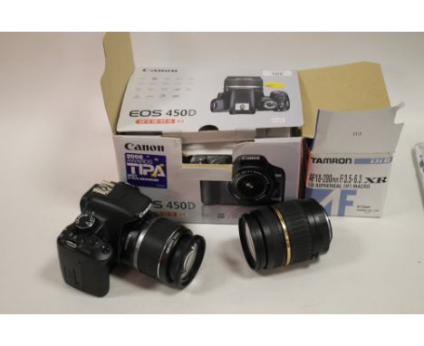 A BOXED CANNON EOS 450D SLR CAMERA AND ACCESSORIES