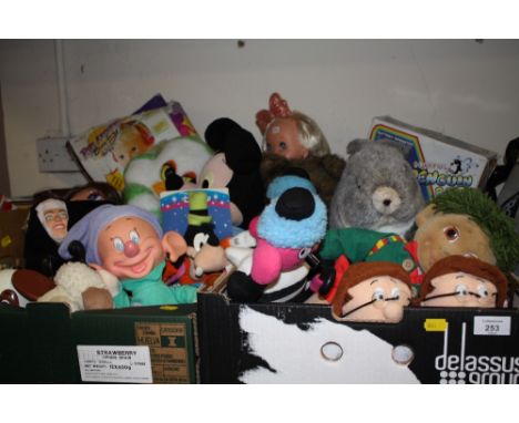 TWO TRAYS OF VINTAGE SOFT TOYS ETC. TO INCLUDE DISNEY EXAMPLES, BOXED RUN AROUND BABY ETC.  