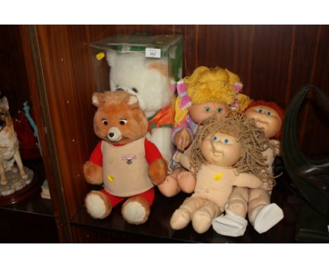 THREE VINTAGE CABBAGE PATCH KIDS DOLLS TOGETHER WITH A PLAYSKOOL TEDDY RUXPIN AND ANOTHER (5)  
