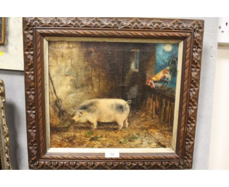 A VINTAGE OIL ON CANVAS DEPICTING A BARN INTERIOR SCENE WITH PIG AND COCKEREL SIGNED W. A DEAN 