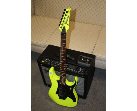 A FLUORESCENT YELLOW IBANEZ 25TH ANNIVERSARY RG SERIES RG2XXV ELECTRIC GUITAR SERIAL NUMBER I120706867 TOGETHER WITH A FENDER