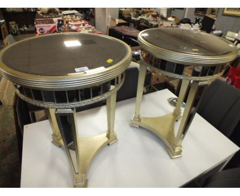A MODERN PAIR OF EMPIRE STYLE MIRRORED CIRCULAR LAMP TABLES H 69 DIA. 50 CM