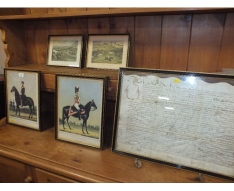 AN ANTIQUE FRAMED INDENTURE TOGETHER WITH FOUR MILITARY PRINTS AND TWO HUNTING PRINTS (7)