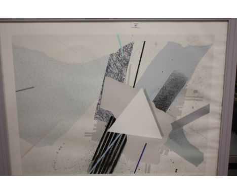 A LARGE MODERN FRAMED AND GLAZED ABSTRACT LITHOGRAPH ENTITLED THREEWAY INDISTINCTLY SIGNED LOWER RIGHT