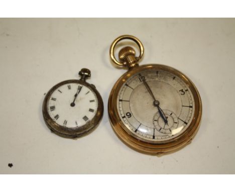 A LADIES SILVER FOB WATCH TOGETHER WITH A GOLD PLATED OPEN FACED MANUAL WIND POCKET WATCH (2) 