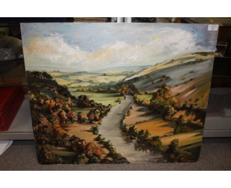 AN UNFRAMED IMPRESSIONIST EXTENSIVE LANDSCAPE OIL ON BOARD SIGNED R STANIER '66