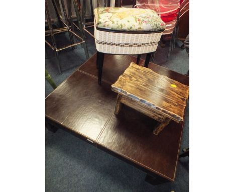 A LEATHER STYLE COFFEE TABLE, SMALL STOOL AND A SEWING BOX (3)