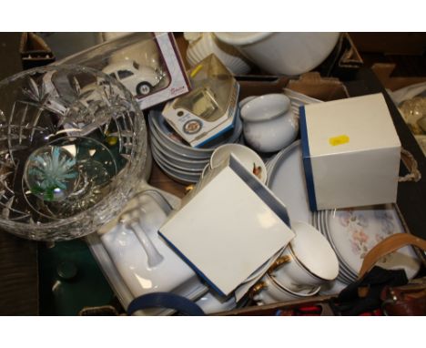 A TRAY OF DENBY STONEWARE ETC. TO INCLUDE GREEN WHEAT EXAMPLES, DINKY TOYS ETC. 