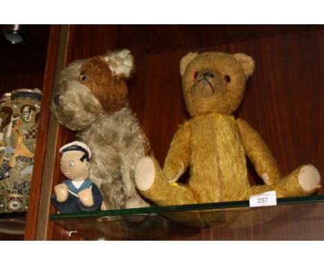 A VINTAGE PLAY WORN STRAW FILLED TEDDY BEAR TOGETHER WITH A DOG AND A NORAH WELLINGS SAILOR DOLL (3) 