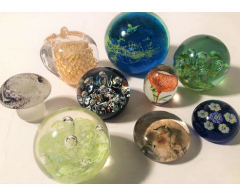 GLASS PAPERWEIGHTS INCLUDING CAITHNESS. Eight paperweights of differing sizes plus a glass toadstool. To include a Caithness 