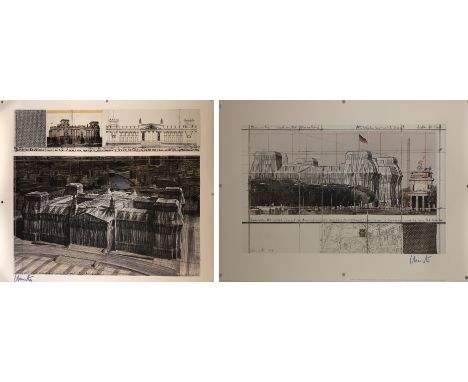 CHRISTO AND JEANNE-CLAUDE LITHOGRAPH SIGNED. Two rolled lithographic prints depicting plans for works by Christo and Jeanne C