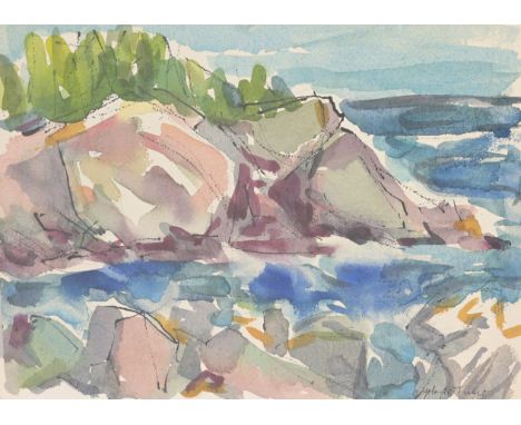 Yolanda Fusco (NY, 1920 - 2009) Watercolor of a coastal seascape, likely Monhegan Maine. Signed lower right. Provenance: Esta