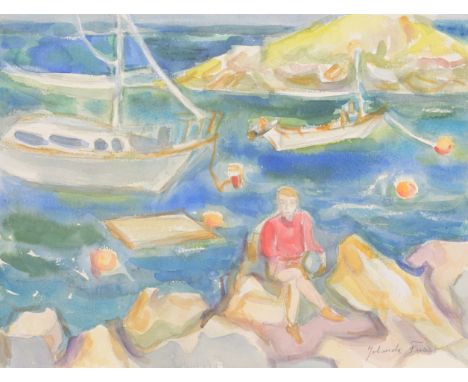Yolanda Fusco (New York, 1920 - 2009) Painting of a figure in a coastal seascape with boats in the distance, likely Monhegan 