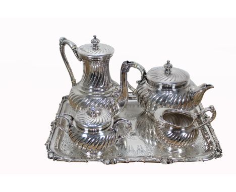 Christofle Silverplate Tea Set with Tray.  Four pieces and a silver plate tray.  All marked "Christofle" on bottom. Comes wit