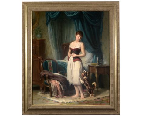 Auguste Toulmouche (French, 1829 - 1890)Woman Dressing w/ DogOil on Board. Signed lower right.Sight Size: 24 x 20 in.Overall 