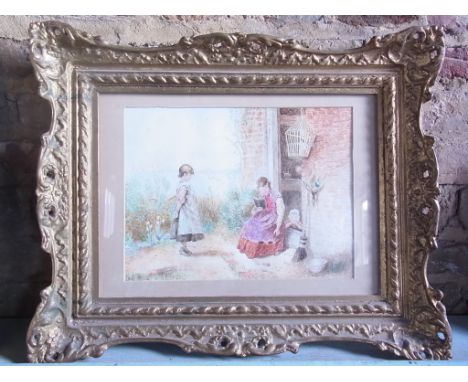 A framed and glazed gilt framed watercolour - Mother Reading on Step - monogrammed - frame size 59cm x 47cm, picture size 33c