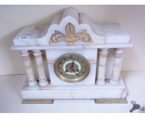 A white marble architectural striking mantle clock with pendulum and key - 32cm x 40cm
