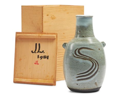 § JANET LEACH (AMERICAN 1918-1997) VASE WITH LUGS, 1981 impressed artist's and pottery seals, ash glaze, in fitted initialled