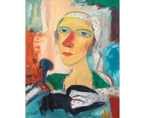 § JOHN BELLANY C.B.E., R.A. (SCOTTISH 1942-2013)  PORTRAIT OF A LADY signed (lower left), oils on canvas(75cm x 60cm (29.5in 