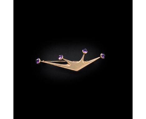 BENT KNUDSEN (DANISH 1924-) BROOCH set with four cabochon cut amethysts, marked 'BENT K', '585' and 'DENMARK'(8cm wide (3.1in