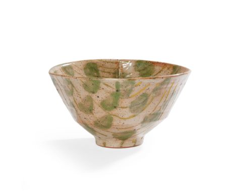 § JANICE TCHALENKO (BRITISH 1942-2018) FOOTED BOWL painted with green spots(12cm high, 22.5cm wide (4.75in high, 8.9in wide))