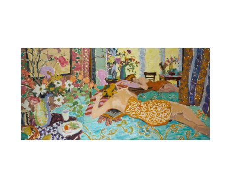 HUGO GRENVILLE (BRITISH 1958-) FREYA, RECLINING, MORNING LIGHT, 2015 initialled (lower left), oil on canvas(75cm x 151cm (29.