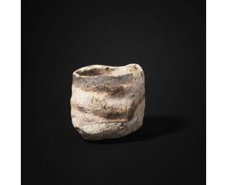 § EWEN HENDERSON (BRITISH 1934-2000) TEA BOWL mixed laminated clays, volcanic glazes in brown, pale pink and cream(9.5cm high