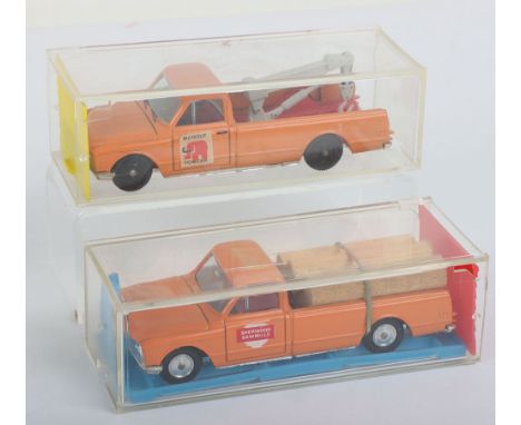 Two Sabra (Israel) 1/43 scale Chevrolet Pick Ups, 8122 Sherwood Sawmills orange body, red interior, spun wheels, in near mint