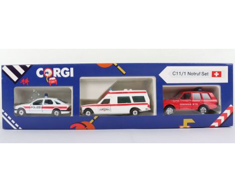 Corgi Emergency Export Gift Set C11/1 Swiss Notruf contains: Ford Sierra Police Car Polizei, white body, red stripe, blue gla