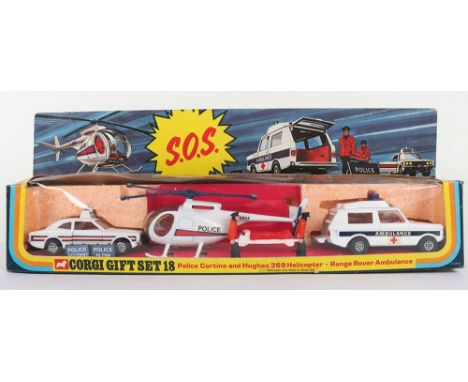 Corgi Emergency S.O.S. Gift Set 18 contains: 402 Ford Cortina GXL Police Car, 482 Vigilant Range Rover, white body, blue stri