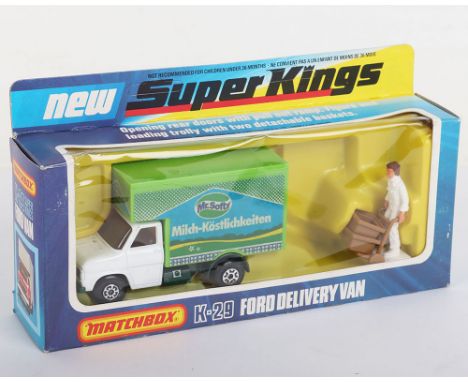 Matchbox SuperKings K-29 Ford Delivery Van German Export Issue Mr Softy, white cab, amber windows, black interior, green plas