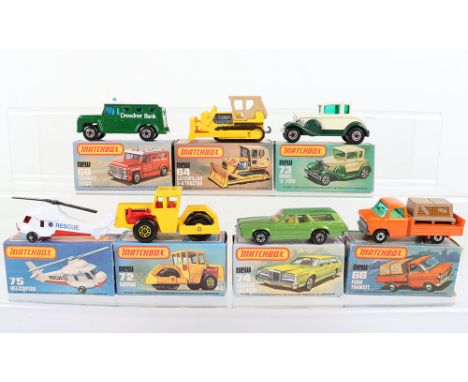 Seven  Matchbox Lesney Superfast  Boxed Models, England:MB-64 Caterpillar D-9 Tractor, yellow/tan top,MB-66 Ford Transit Pick