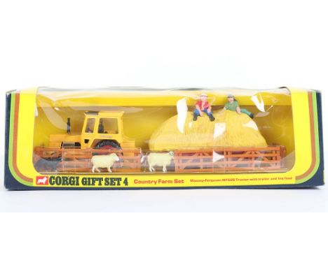 Corgi Country Farm Gift Set 4 contains: 50 Massey Ferguson MF50B Tractor and trailer, with detachable hay load, pens figures 