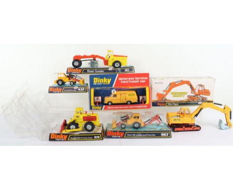 Six Dinky Toys Road Construction Models, 417 Motorway Services Ford Transit Van, 437 Muir-Hill 2WL Loader, ‘Taylor Woodrow’ d