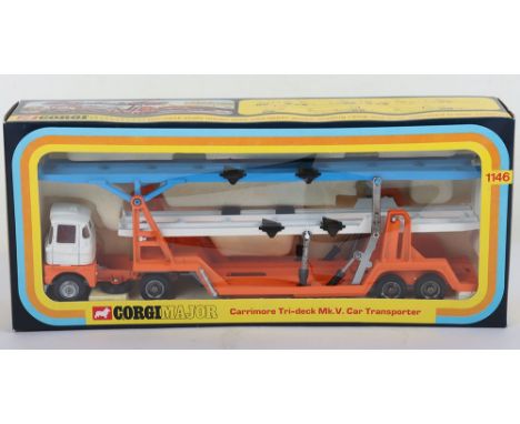 Corgi Major 1146  Carrimore Tri-Deck Mk.V Car Transporter with Scammell Handyman Mk.3 Tractor Unit, orange/white/blue, red in